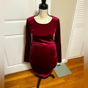 Burgundy Velvet Ruched Bell Sleeve Maternity Dress Medium
